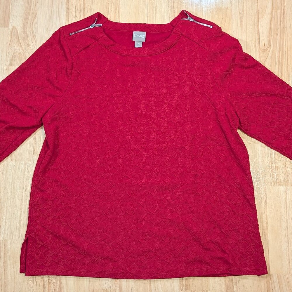 Chicos Womens Top Size 3 Red Textured 3/4 Sleeve Zipper Shoulder Blouse